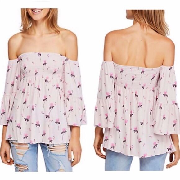 Free People Lana Off The Shoulder Boho Floral Top in Cloud Berry - Picture 1 of 8